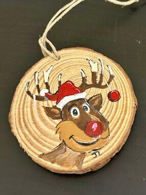HANDPAINTED Rudolph Reindeer Christmas Ornament on wood slice - ~3" Diameter
